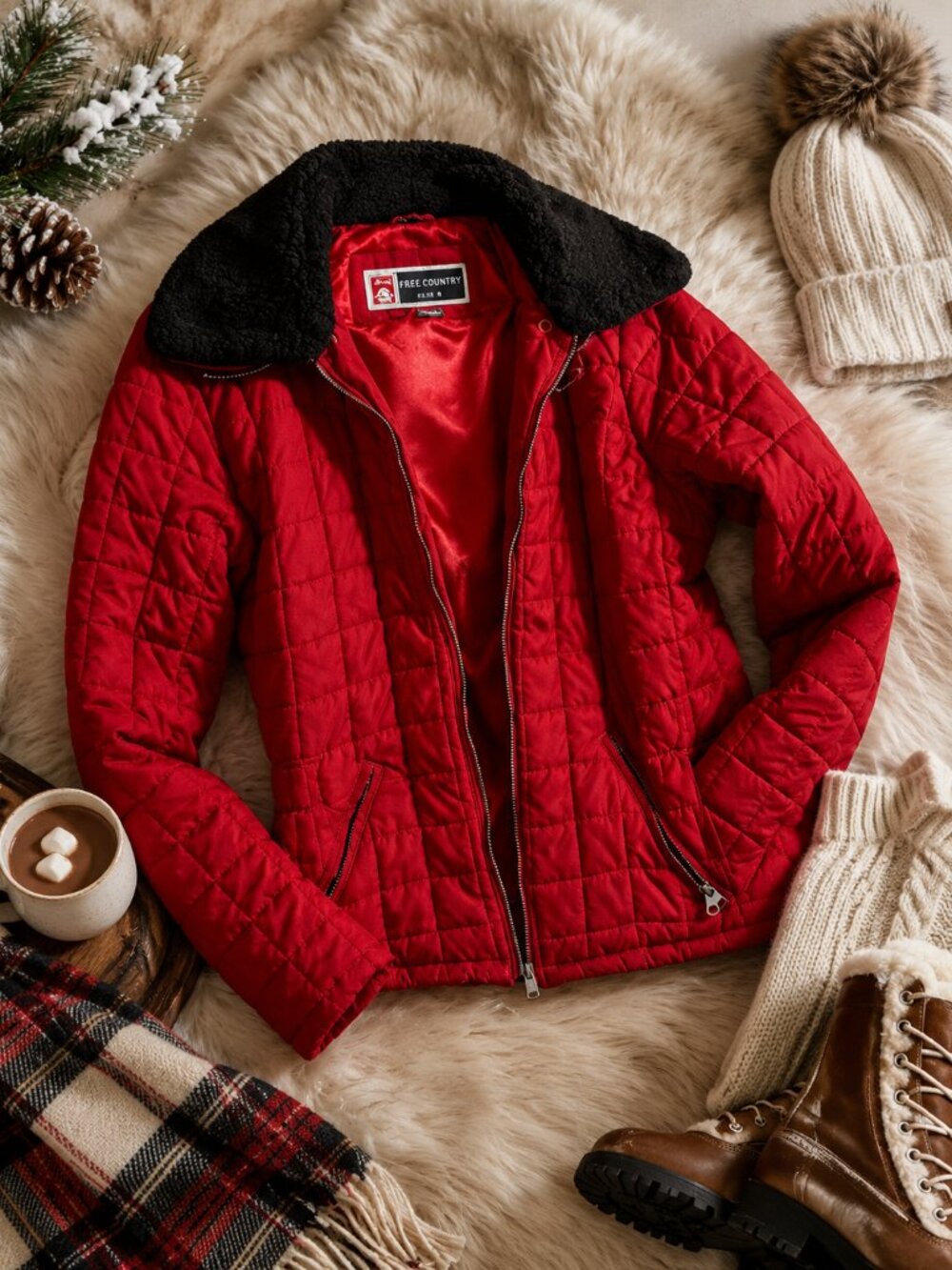 Red Lined Winter Jacket Faux Fur Collar Zip Pockets Size S